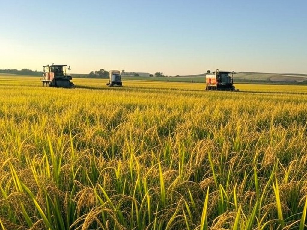Campo de arroz em colheita com inovações agrícolas em Capão do Leão, RS, Brasil.