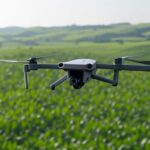 Drone voando sobre plantação de soja no agronegócio brasileiro, ilustrando uso de IA para gestão de custos.