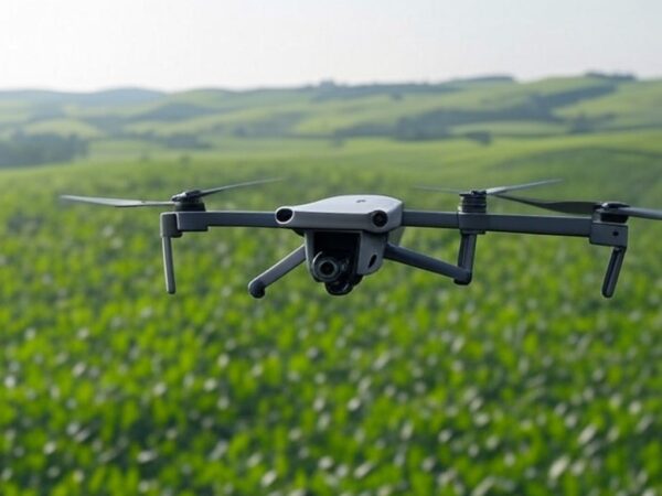 Drone voando sobre plantação de soja no agronegócio brasileiro, ilustrando uso de IA para gestão de custos.