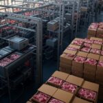 Frigorífico brasileiro processando subprodutos bovinos para petiscos de cães e exportação à Ásia.