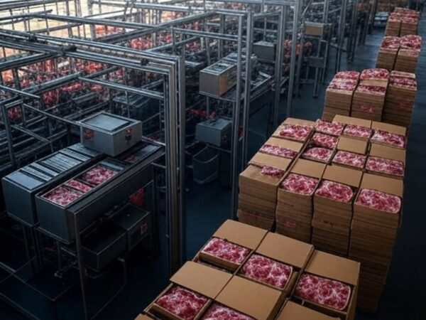 Frigorífico brasileiro processando subprodutos bovinos para petiscos de cães e exportação à Ásia.
