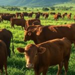 Rebanho de gado Angus em fazenda brasileira, ilustrando o recorde de exportações de carne em 2024.