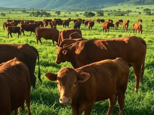 Rebanho de gado Angus em fazenda brasileira, ilustrando o recorde de exportações de carne em 2024.