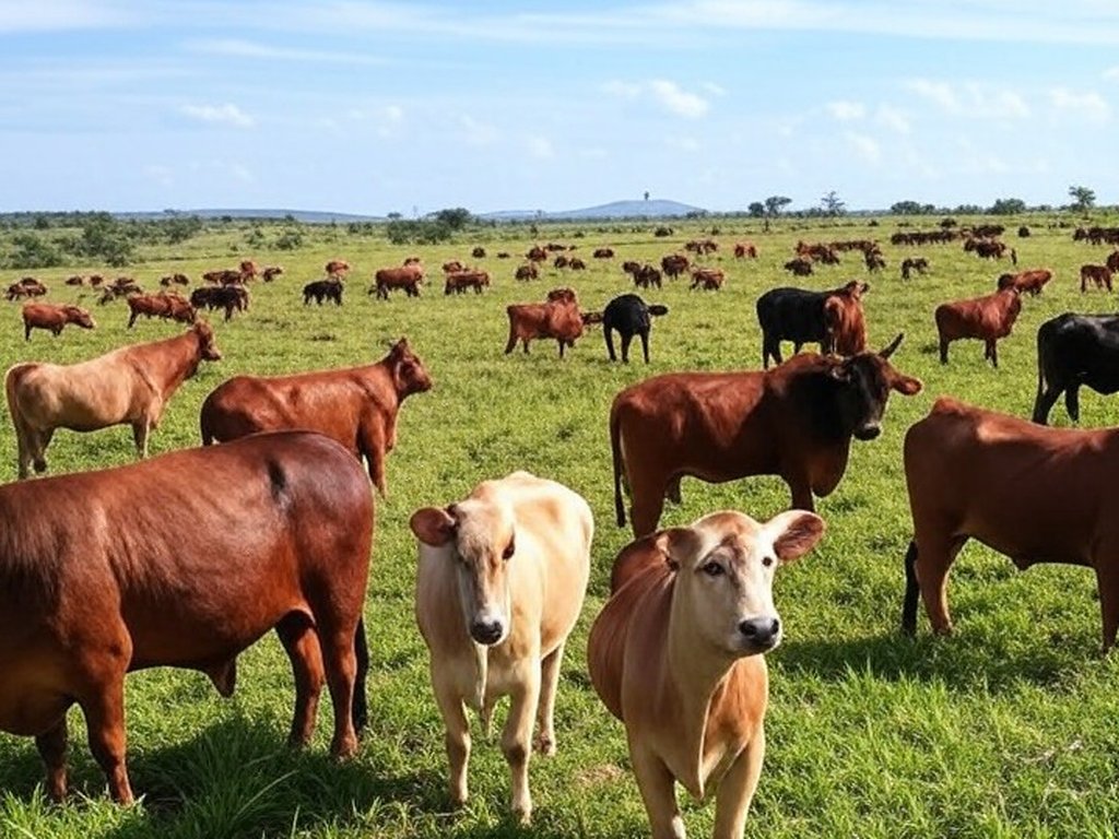 Fazenda de pecuária no Brasil com gado pastando em pastagens verdes, representando gestão eficiente na pecuária brasileira.