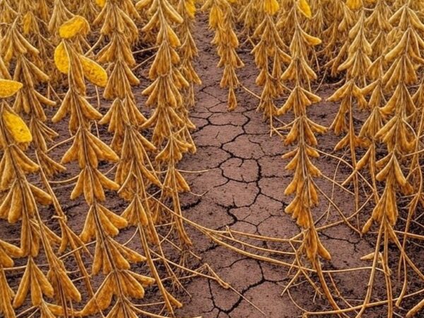 Plantação de soja danificada por perdas no Mato Grosso, Brasil, representando impactos econômicos na agricultura.