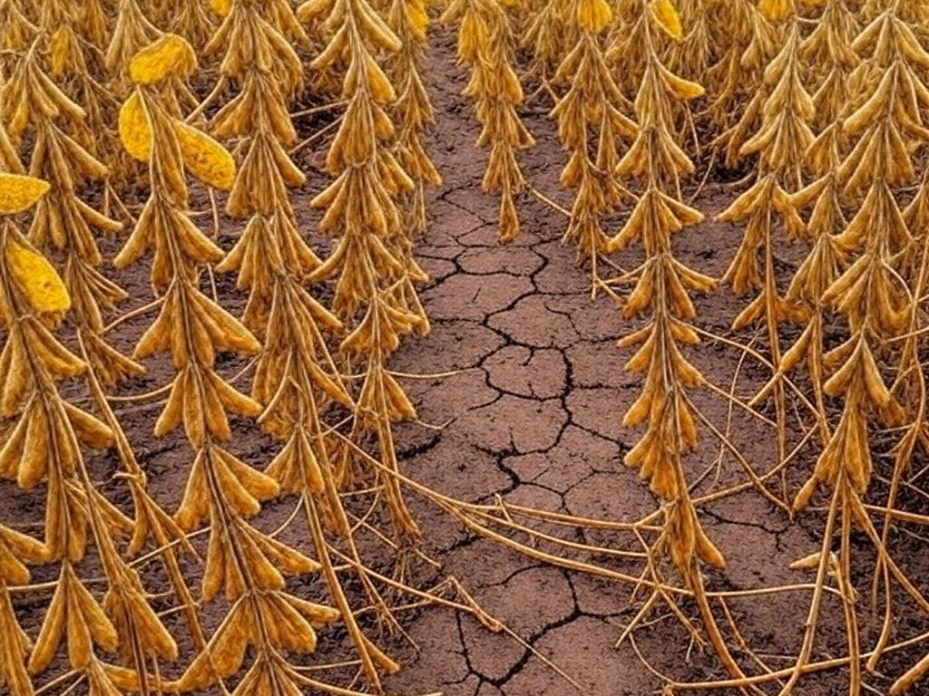 Plantação de soja danificada por perdas no Mato Grosso, Brasil, representando impactos econômicos na agricultura.