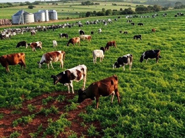 Fazenda leiteira nos pampas do sul do Brasil com vacas pastando, ilustrando recorde de exportações de lácteos.