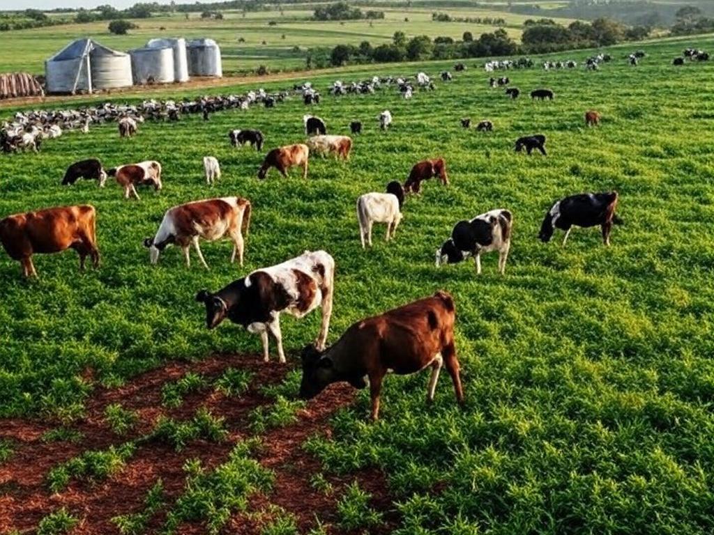 Fazenda leiteira nos pampas do sul do Brasil com vacas pastando, ilustrando recorde de exportações de lácteos.