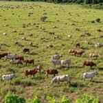 Pastagem sustentável de gado em Rondônia, com integração à floresta amazônica, representando expansão da produção de carne.