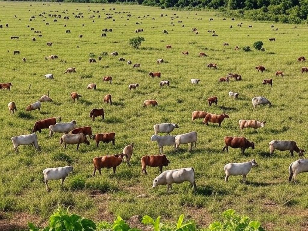 Pastagem sustentável de gado em Rondônia, com integração à floresta amazônica, representando expansão da produção de carne.