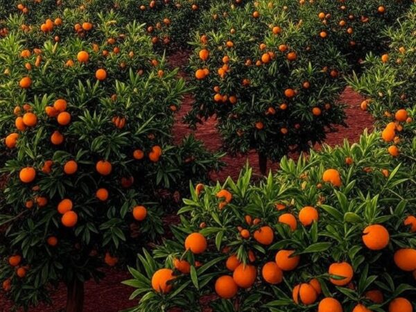 Pomar de laranjas no Brasil com frutas maduras, ilustrando projeção de safra de 18,5 milhões de toneladas pelo USDA.