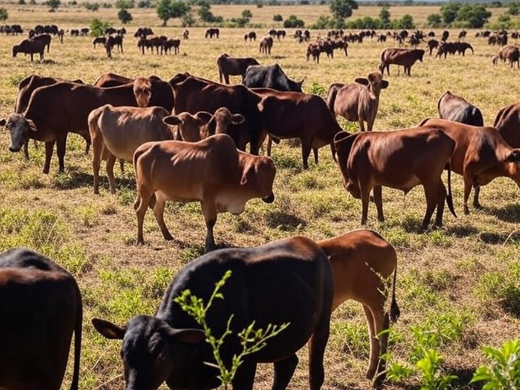 Fazenda de pecuária de cria em Mato Grosso com rebanho de gado pastando, simbolizando margens positivas e exportações recordes.