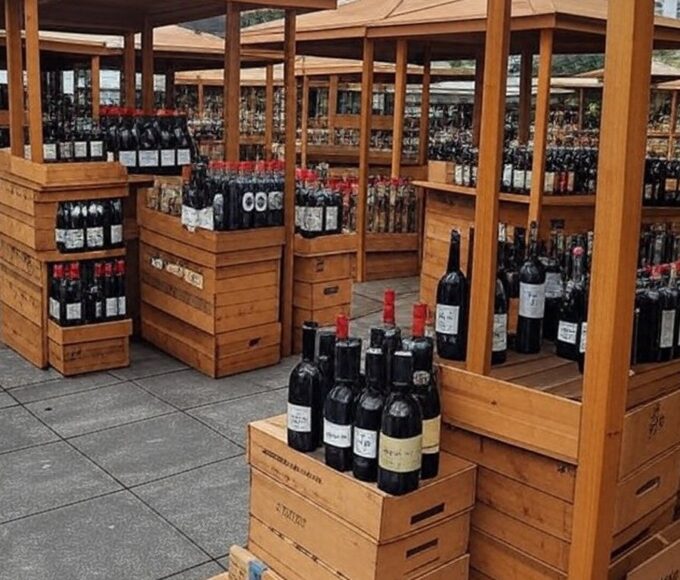 Feira em Curitiba com caixas de bebidas alcoólicas irregulares apreendidas pelo MAPA, em ambiente urbano paranaense.