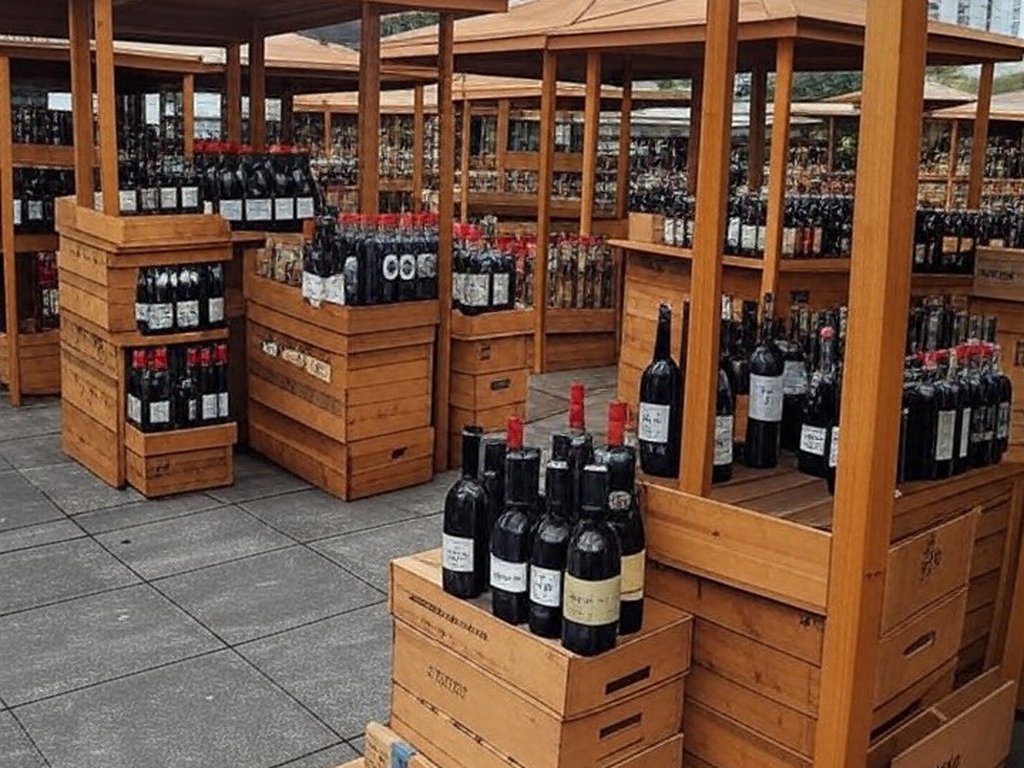 Feira em Curitiba com caixas de bebidas alcoólicas irregulares apreendidas pelo MAPA, em ambiente urbano paranaense.