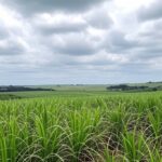 Plantação de cana-de-açúcar no Brasil com usina ao fundo, ilustrando queda na moagem.