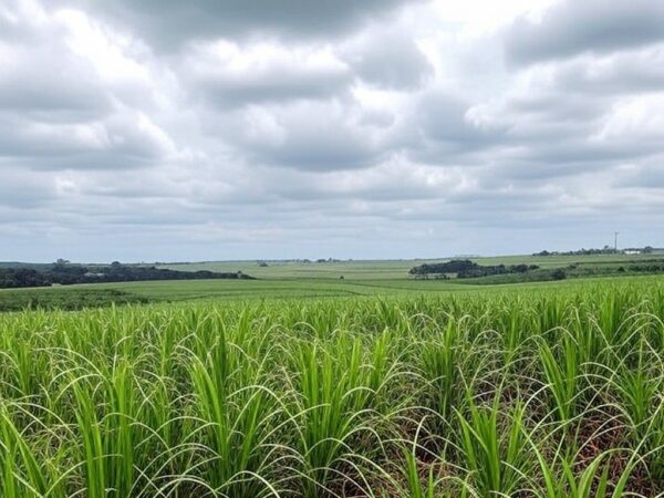 Plantação de cana-de-açúcar no Brasil com usina ao fundo, ilustrando queda na moagem.