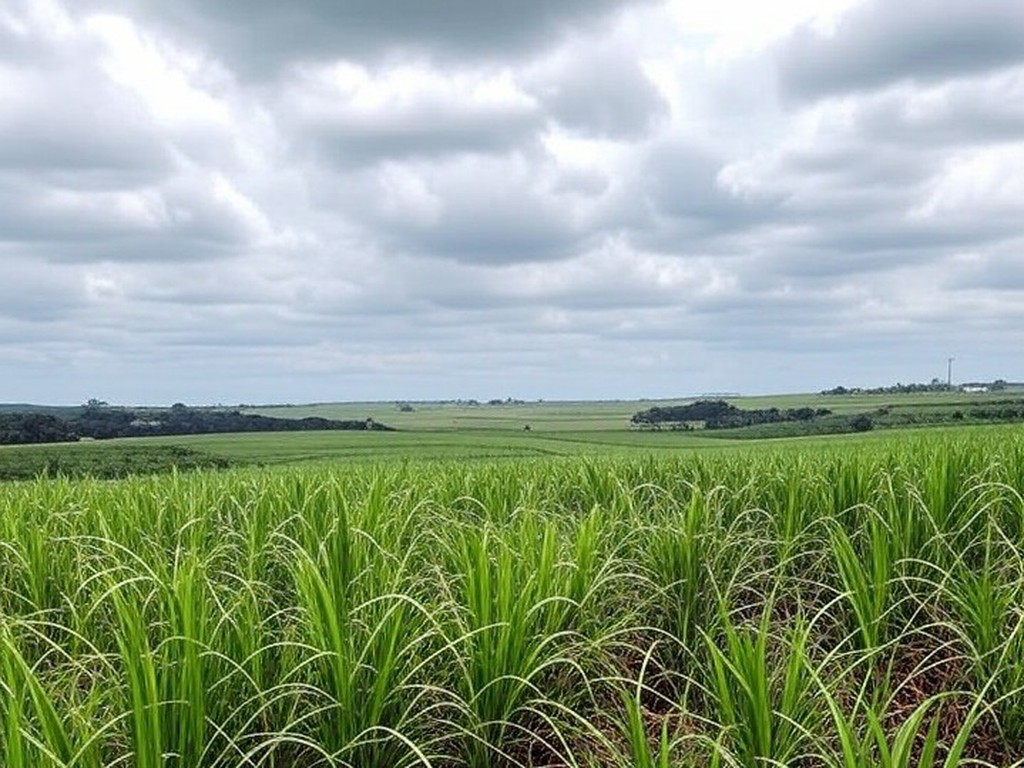 Plantação de cana-de-açúcar no Brasil com usina ao fundo, ilustrando queda na moagem.