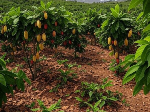 Plantação de cacau na Bahia, Brasil, ilustrando superávit global de 287 mil toneladas para safra 2025/26 projetado pela StoneX.