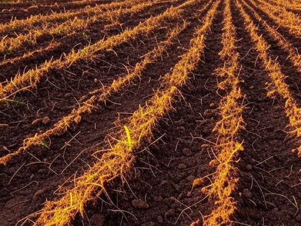 Campo de soja em plantio inicial no Brasil, safra 2024/25, com máquinas agrícolas em paisagem rural de Mato Grosso.