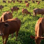 Rebanho de bovinos orgânicos em pastagem no Pantanal de Mato Grosso do Sul, representando crescimento de abates no 1º semestre de 2023.