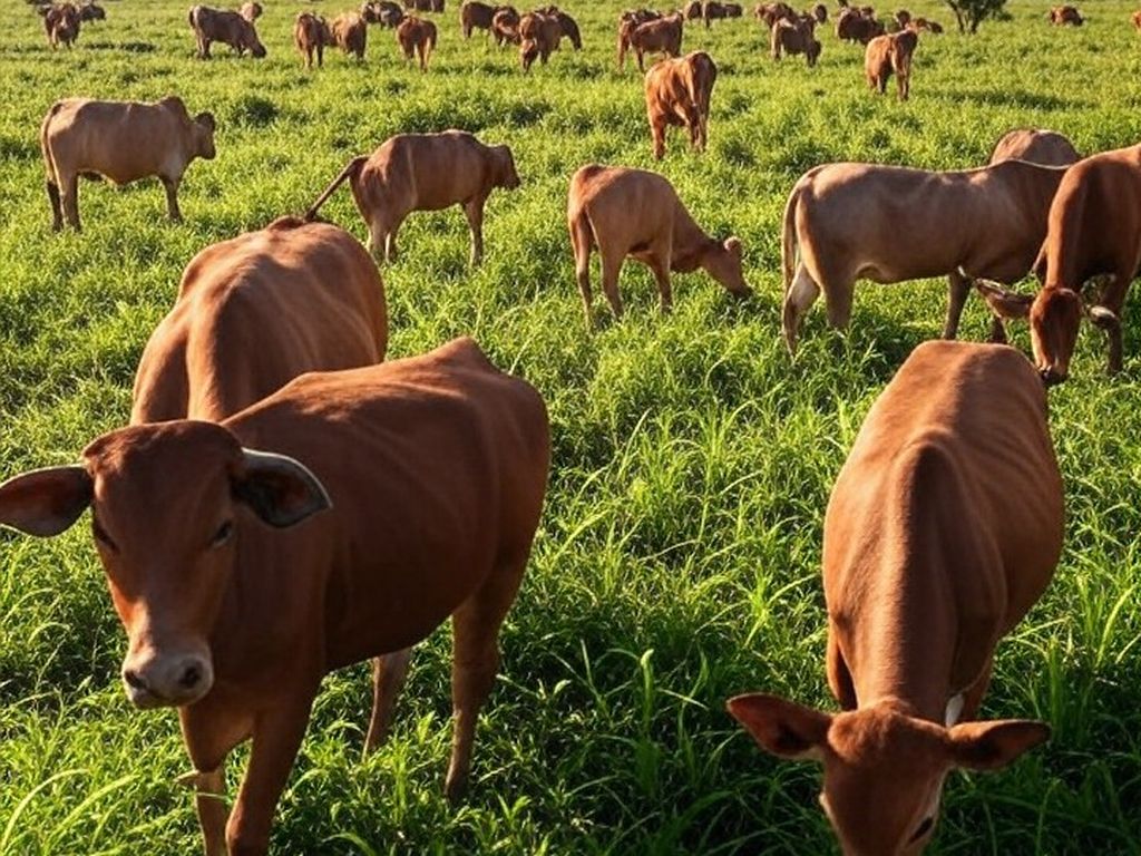 Rebanho de bovinos orgânicos em pastagem no Pantanal de Mato Grosso do Sul, representando crescimento de abates no 1º semestre de 2023.