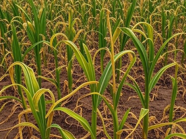 Plantação de milho no Brasil afetada pela cigarrinha-do-milho, com folhas danificadas e perdas na produção.