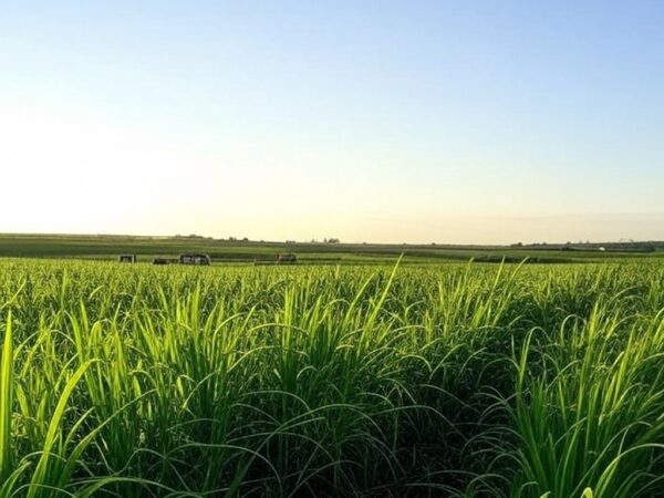 Plantação de cana-de-açúcar em São Paulo, ilustrando o crescimento de 5% na safra 2023/2024 do agronegócio.