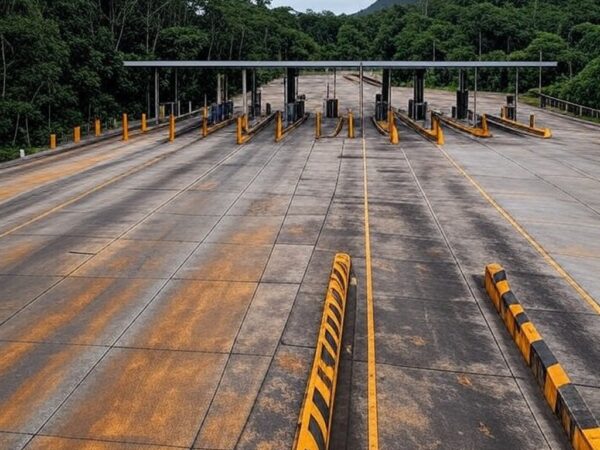 Praça de pedágio suspensa na BR-364 em Rondônia devido a irregularidades no contrato pelo TCU, ambientada na floresta amazônica.