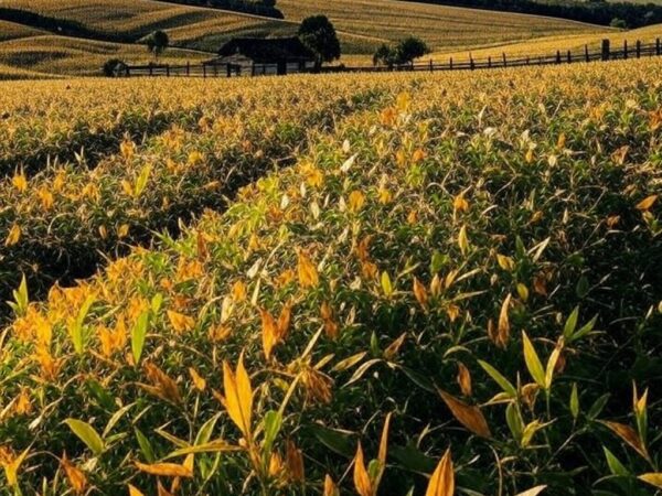 Paisagem rural no RS com campos cultivados, representando retomada do Programa Nacional de Crédito Fundiário beneficiando famílias.