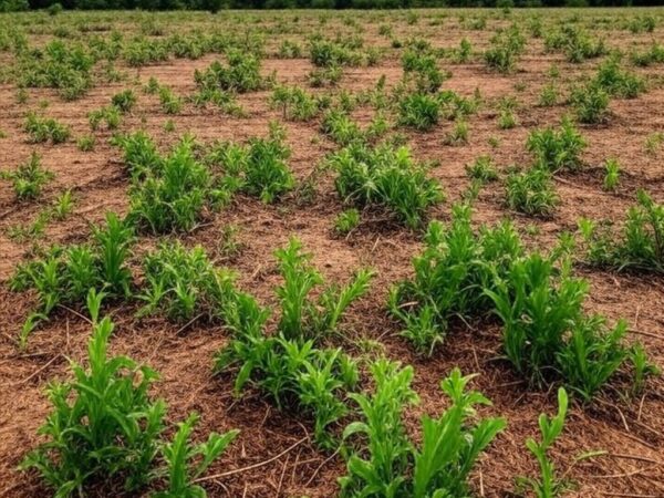 Campo de pastagem em Mato Grosso com plantas esparsas devido a sementes de baixa germinação, representando condenação judicial e indenização a produtor.
