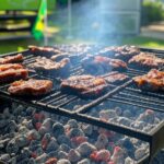 Churrasqueira com carnes premium grelhando em quintal brasileiro, simbolizando alta de churrascos na Copa 2026.
