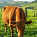 Vaca leiteira em fazenda brasileira, representando recorde de venda na pecuária leiteira.