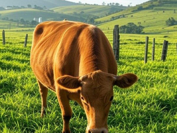 Vaca leiteira em fazenda brasileira, representando recorde de venda na pecuária leiteira.