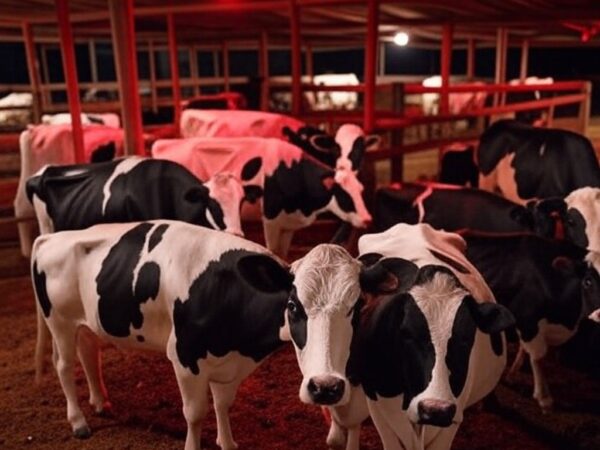 Vacas leiteiras em fazenda brasileira sob luz vermelha, melhorando saúde e produção de leite em até 8%.