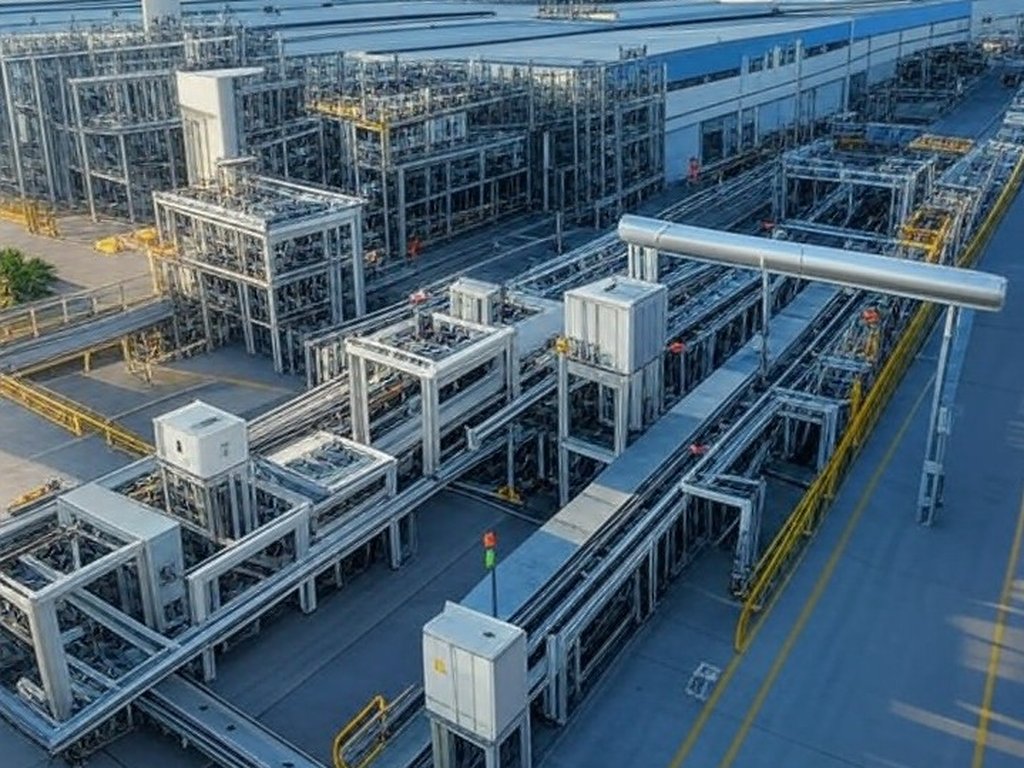 Fábrica industrial no Brasil representando expansão do Plano Mais Produção e lançamento do Brasil Soberano.