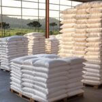 Armazém com sacos de leite em pó da agricultura familiar no Brasil, aprovado pela Conab.