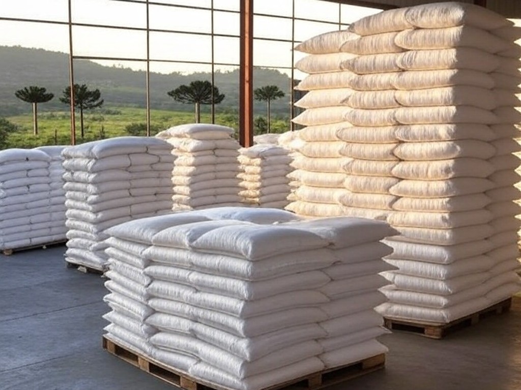 Armazém com sacos de leite em pó da agricultura familiar no Brasil, aprovado pela Conab.