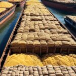 Porto brasileiro com navios carregados de grãos agrícolas, ilustrando embarques de 160,55 milhões de toneladas em 2025 segundo ANEC.