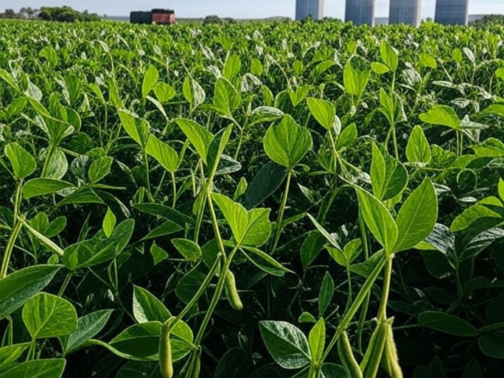 Campo de soja no Brasil com silos, ilustrando exportações de grãos que disparam 25% para US$ 31,3 bilhões.