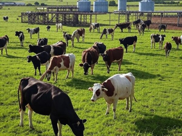 Fazenda leiteira em Mato Grosso com vacas pastando e equipamentos de gestão técnica para produção de leite.