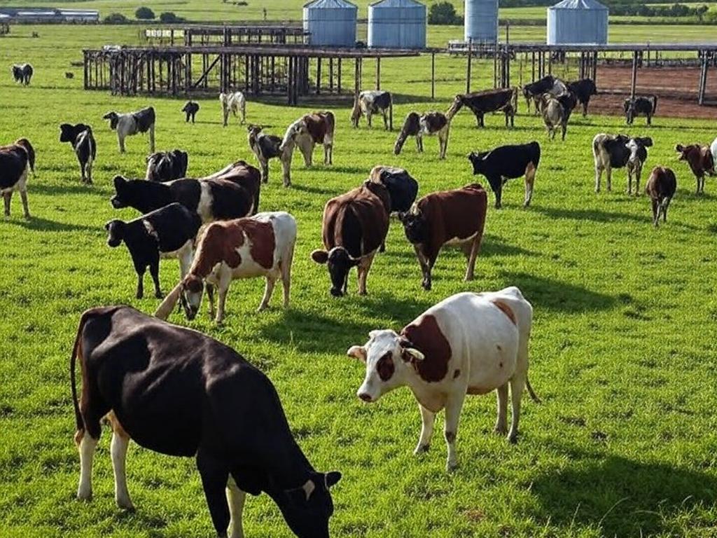 Fazenda leiteira em Mato Grosso com vacas pastando e equipamentos de gestão técnica para produção de leite.