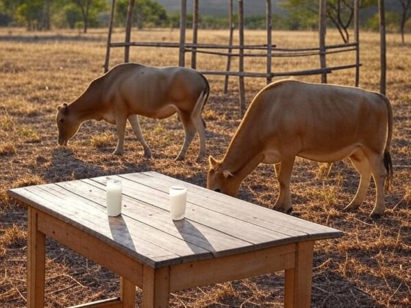Fazenda no Nordeste brasileiro com jumentas e garrafas de leite de jumenta premium, destacando valor superior ao boi gordo.