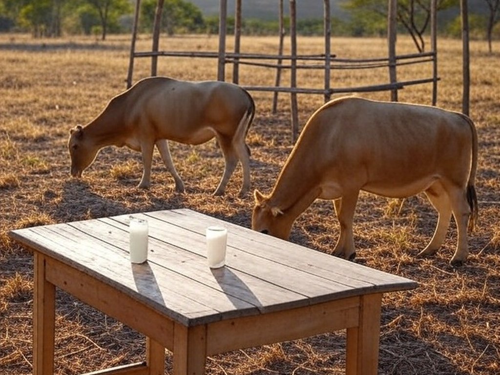 Fazenda no Nordeste brasileiro com jumentas e garrafas de leite de jumenta premium, destacando valor superior ao boi gordo.