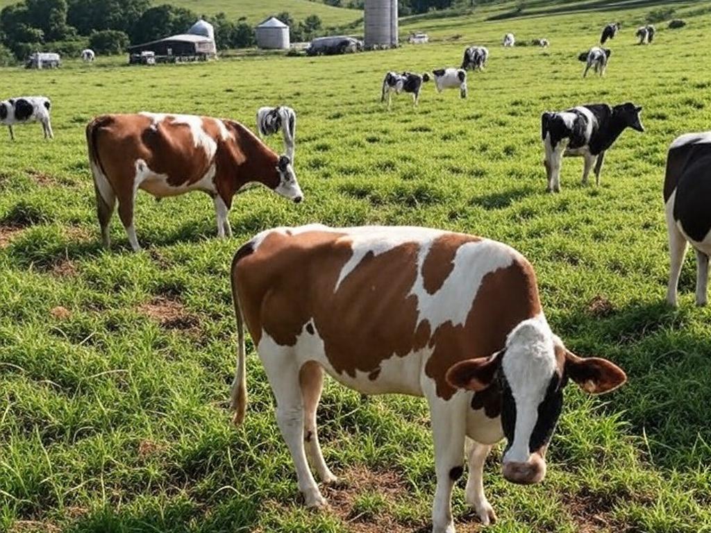 Fazenda leiteira no Brasil com vacas pastando, ilustrando desafios no setor leiteiro com margens estreitas em 2026.