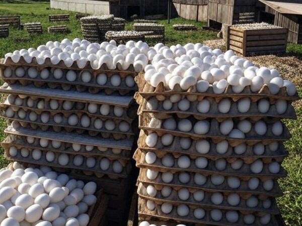 Granja de ovos no interior do Brasil, com pilhas de ovos frescos e aviários, representando o mercado apesar da gripe aviária.