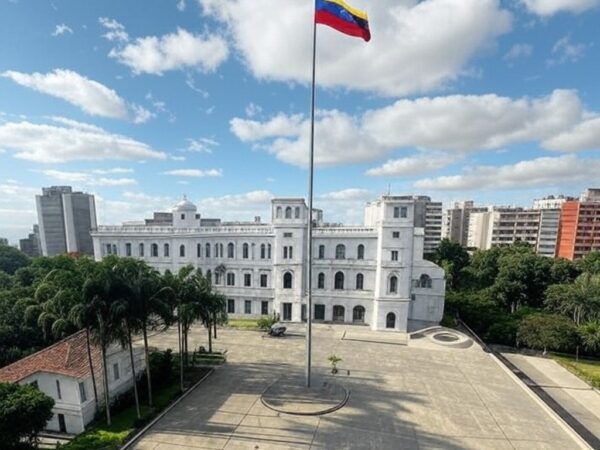 Vista do Palácio de Miraflores em Caracas, representando influência política na Venezuela.