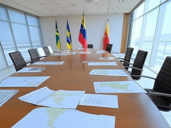 Mesa de reunião com bandeiras da China e Venezuela, mapas da América do Sul, em sala diplomática em Brasília.