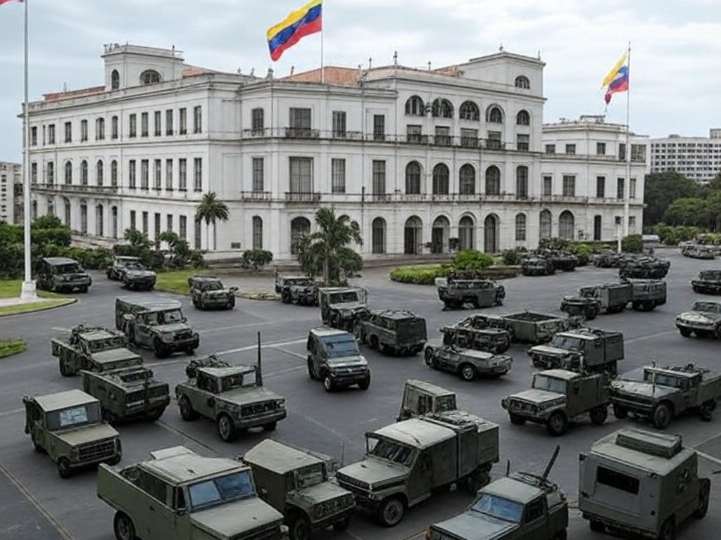 Veículos militares ao redor do palácio presidencial na Venezuela, representando intervenção estrangeira.