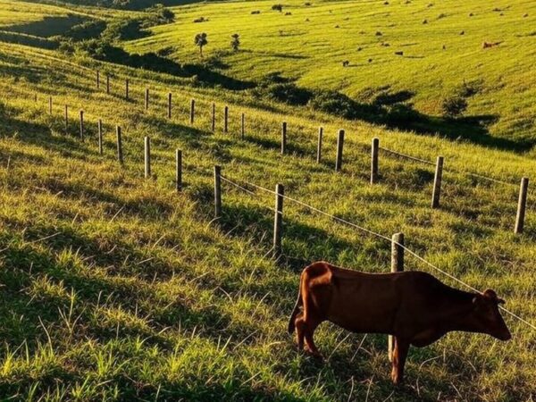 Cercas elétricas fixas e móveis em pastagem de pecuária brasileira, impulsionando produtividade em 2026.