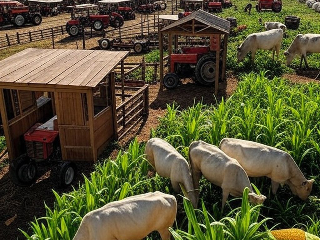 Feira agropecuária no Brasil com estandes, gado e produtos agrícolas, representando calendário de eventos de 2026.